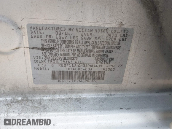 2016 Nissan Note SV with VIN 3N1CE2CP7GL390372, listed as a IAAI auction lot 42136485 with 126,056 mi miles and . Bid and sale history available at DreamBid. Image 9.