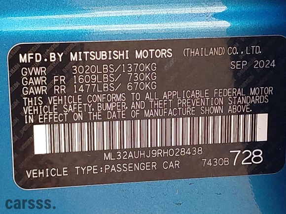 2024 Mitsubishi Mirage ES with VIN ML32AUHJ9RH028438, listed as a IAAI auction lot 41958252 with 5,075 mi miles. Bid and sale history available at carsss.com. Image 9.