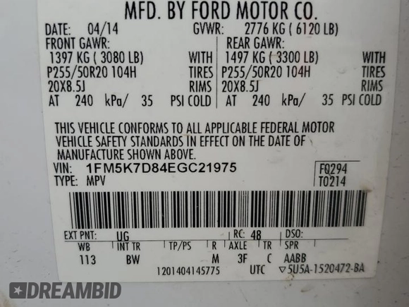 2014 Ford Explorer XLT z VIN 1FM5K7D84EGC21975, wystawiony jako Copart lot #58429485 z przebiegiem 159 240 mil mil oraz Szkoda całkowita • Salvage title. Historia ofert i sprzedaży dostępna na DreamBid. Obrazek 13.