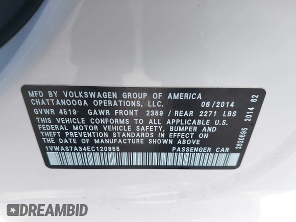 2014 Volkswagen Passat S with VIN 1VWAS7A34EC120855, listed as a IAAI auction lot 42134586 with 61,825 mi miles and . Bid and sale history available at DreamBid. Image 9.