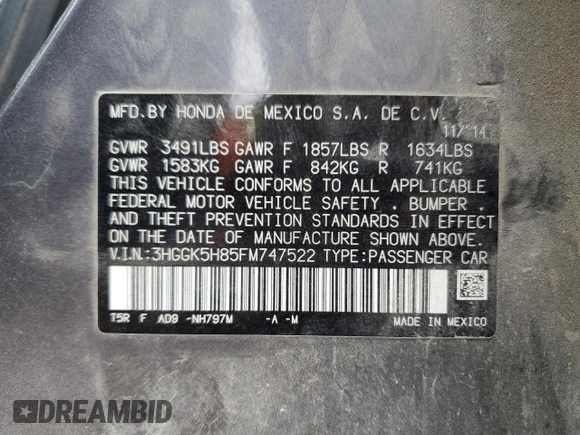 2015 Honda Fit EX-L with VIN 3HGGK5H85FM747522, listed as a Copart auction lot 51089855 with 0 mi miles and Salvage Title. Bid and sale history available at carsss.com. Image 14.