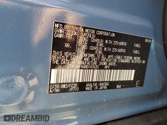 2024 Toyota RAV4 Hybrid SE with VIN JTM16RFV6RD147620, listed as a Copart auction lot 54415215 with 5,705 mi miles and Salvage title. Bid and sale history available at DreamBid. Image 13.