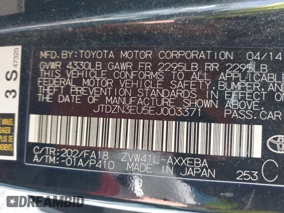 2014 Toyota Prius Two with VIN JTDZN3EU5EJ003371, listed as a IAAI auction lot 42384861 with 191,901 mi miles and . Bid and sale history available at DreamBid. Image 9.