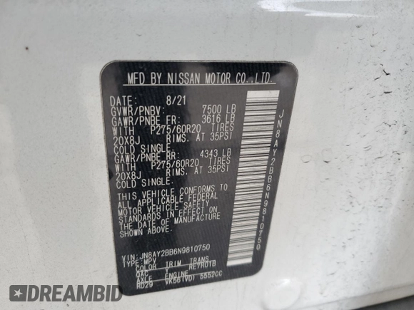 2022 Nissan Armada SL with VIN JN8AY2BB6N9810750, listed as a Copart auction lot 85612934 with 57,297 mi miles and Salvage Title. Bid and sale history available at carsss.com. Image 14.