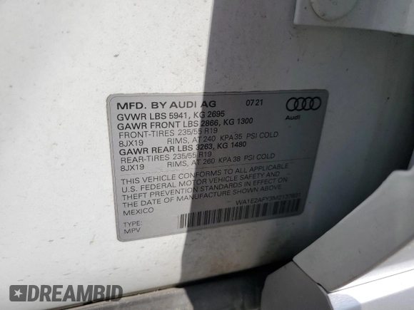 2021 Audi Q5 Premium Plus with VIN WA1E2AFY3M2137831, listed as a Copart auction lot 63879184 with 0 mi miles and Salvage Title. Bid and sale history available at carsss.com. Image 14.