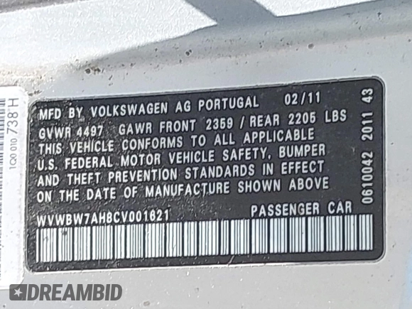 2012 Volkswagen Eos Komfort with VIN WVWBW7AH8CV001621, listed as a IAAI auction lot 41988717 with 146,882 mi miles and . Bid and sale history available at DreamBid. Image 9.
