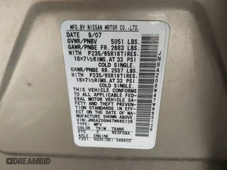 2007 Nissan Murano S with VIN JN8AZ08W47W665126, listed as a IAAI auction lot 41831533 with 160,033 mi miles. Bid and sale history available at carsss.com. Image 9.