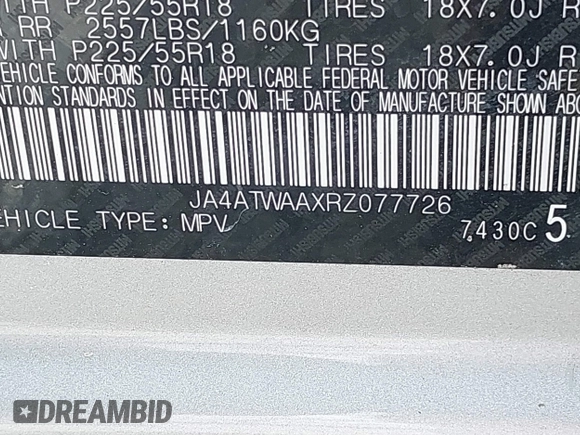 2024 Mitsubishi Eclipse Cross SE with VIN JA4ATWAAXRZ077726, listed as a IAAI auction lot 42842663 with 26,804 mi miles and . Bid and sale history available at DreamBid. Image 9.