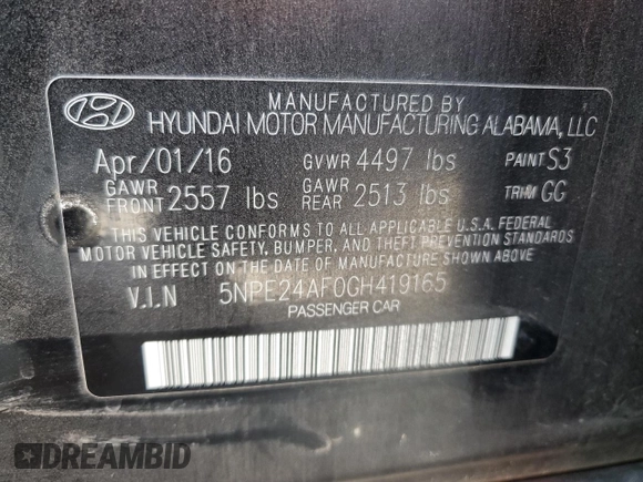 2016 Hyundai Sonata SE with VIN 5NPE24AF0GH419165, listed as a Copart auction lot 48587005 with 34,499 mi miles and Salvage Title. Bid and sale history available at carsss.com. Image 12.