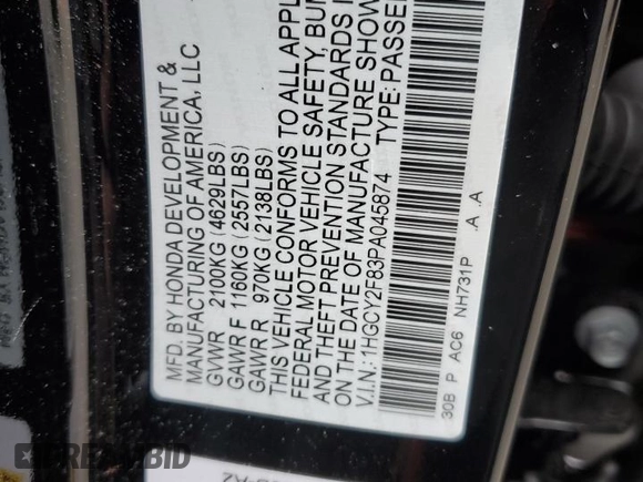 2023 Honda Accord Touring with VIN 1HGCY2F83PA045874, listed as a Copart auction lot 52788105 with 7,407 mi miles and Salvage title. Bid and sale history available at DreamBid. Image 13.