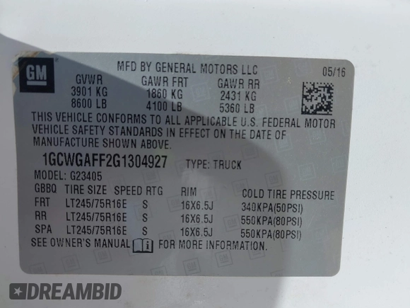 2016 Chevrolet Express Cargo with VIN 1GCWGAFF2G1304927, listed as a IAAI auction lot 42540234 with Not provided miles and . Bid and sale history available at DreamBid. Image 9.
