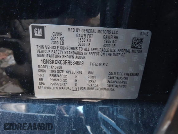 2015 Chevrolet Tahoe LTZ z VIN 1GNSKCKC3FR584689, wystawiony jako IAAI lot #41505580 z przebiegiem 37 012 mil mil oraz . Historia ofert i sprzedaży dostępna na DreamBid. Obrazek 9.