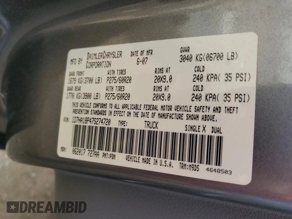 2007 Dodge 1500 SLT z VIN 1D7HA18P47S274720, wystawiony jako Copart lot #47194735 z przebiegiem 97 479 mil mil oraz Szkoda całkowita • Salvage title. Historia ofert i sprzedaży dostępna na DreamBid. Obrazek 14.