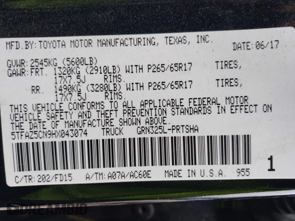 2017 Toyota Tacoma SR5 with VIN 5TFAZ5CN9HX043074, listed as a IAAI auction lot 41813109 with 137,335 mi miles and . Bid and sale history available at carsss.com. Image 9.