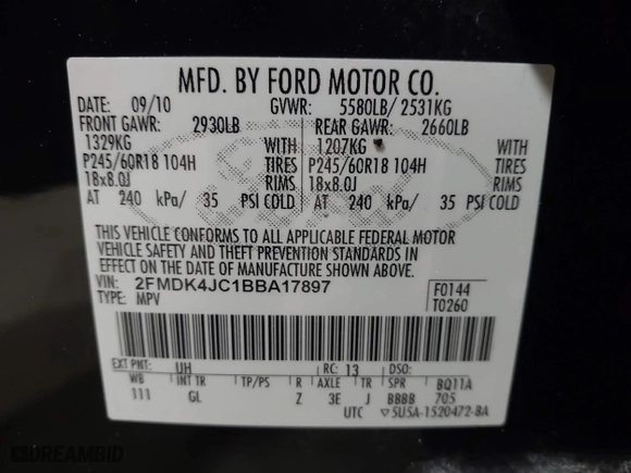 2011 Ford Edge SEL with VIN 2FMDK4JC1BBA17897, listed as a IAAI auction lot 41535952 with 157,502 mi miles. Bid and sale history available at carsss.com. Image 9.