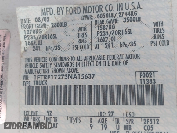 2003 Ford F-150 XL with VIN 1FTRF17273NA15637, listed as a IAAI auction lot 41952924 with 215,704 mi miles and . Bid and sale history available at DreamBid. Image 9.