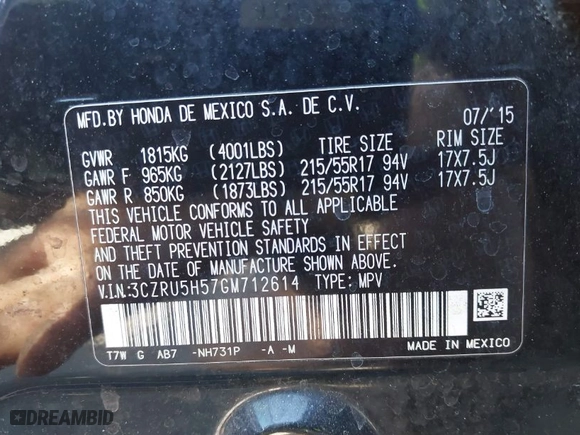 2016 Honda HR-V EX with VIN 3CZRU5H57GM712614, listed as a IAAI auction lot 41887266 with 272,041 mi miles. Bid and sale history available at carsss.com. Image 9.