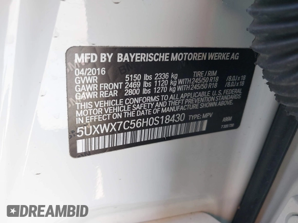 2017 BMW X3 xDrive35i with VIN 5UXWX7C56H0S18430, listed as a IAAI auction lot 41966132 with 79,420 mi miles and . Bid and sale history available at DreamBid. Image 9.