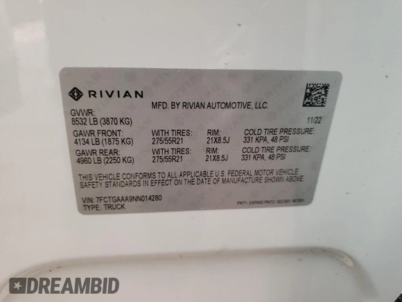 2022 Rivian R1T Adventure z VIN 7FCTGAAA9NN014280, wystawiony jako Copart lot #87908175 z przebiegiem 28 601 mil mil oraz Szkody całkowita. Historia ofert i sprzedaży dostępna na DreamBid. Obrazek 12.