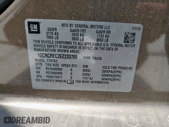 2014 Chevrolet Silverado 1500 LT with VIN 1GCRCREC2EZ233788, listed as a Copart auction lot 53283495 with 105,308 mi miles and Salvage Title. Bid and sale history available at DreamBid. Image 13.