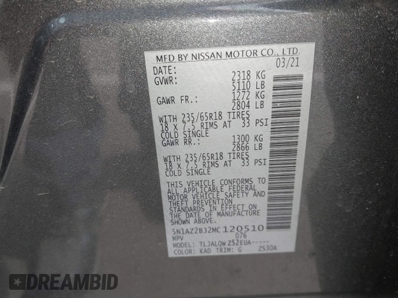 2021 Nissan Murano SV z VIN 5N1AZ2BJ2MC120510, wystawiony jako IAAI lot #41721556 z przebiegiem 75 456 mil mil oraz . Historia ofert i sprzedaży dostępna na DreamBid. Obrazek 9.