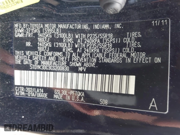 2012 Toyota Sienna XLE AAS with VIN 5TDYK3DC3CS200830, listed as a IAAI auction lot 41825987 with 158,672 mi miles and . Bid and sale history available at carsss.com. Image 9.