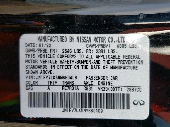 2022 Infiniti Q60 Red Sport 400 with VIN JN1FV7LK5NM660409, listed as a Copart auction lot 71884424 with 35,354 mi miles and Salvage title. Bid and sale history available at DreamBid. Image 12.