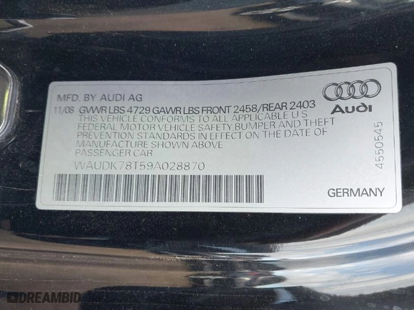 2009 Audi A5 with VIN WAUDK78T59A028870, listed as a IAAI auction lot 41591793 with 178,154 mi miles. Bid and sale history available at carsss.com. Image 9.