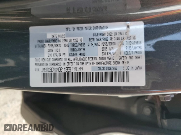 2022 Mazda CX-9 Grand Touring with VIN JM3TCBDYXN0611359, listed as a Copart auction lot 53965155 with 69,047 mi miles and Salvage Title. Bid and sale history available at carsss.com. Image 13.