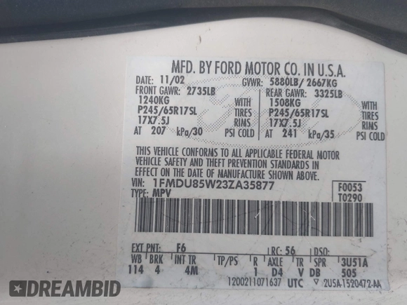 2003 Ford Explorer with VIN 1FMDU85W23ZA35877, listed as a IAAI auction lot 42642138 with 247,619 mi miles and . Bid and sale history available at DreamBid. Image 9.