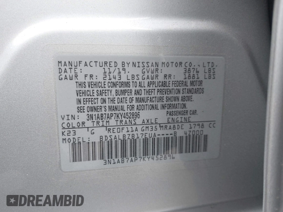 2019 Nissan Sentra SR with VIN 3N1AB7AP7KY452896, listed as a IAAI auction lot 41888791 with 45,606 mi miles and . Bid and sale history available at DreamBid. Image 9.
