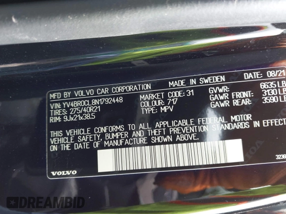 2022 Volvo XC90 Inscription с VIN YV4BR0CL8N1792448, выставлен на аукционе IAAI как лот 42255356 с пробегом 46 580 миль миль и . История ставок и продаж доступна на DreamBid. Изображение 9.