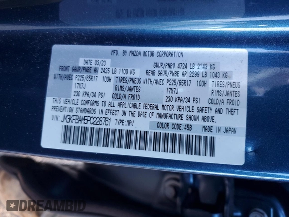 2023 Mazda CX-5 2.5 S with VIN JM3KFBAM5P0228761, listed as a Copart auction lot 42827995 with 0 mi miles and Salvage Title. Bid and sale history available at carsss.com. Image 12.