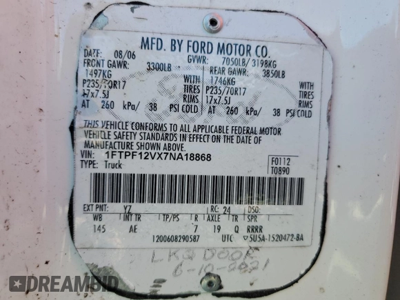 2007 Ford F-150 XL z VIN 1FTPF12VX7NA18868, wystawiony jako Copart lot #85930704 z przebiegiem 88 546 mil mil oraz Szkoda całkowita • Salvage title. Historia ofert i sprzedaży dostępna na DreamBid. Obrazek 12.