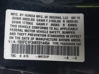 2019 Honda Civic Sedan EX with VIN 19XFC1F34KE014454, listed as a IAAI auction lot 41485090 with 70,571 mi miles. Bid and sale history available at carsss.com. Image 9.