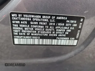 2013 Volkswagen Passat S with VIN 1VWAP7A35DC133212, listed as a Copart auction lot 65584105 with 156,902 mi miles and Salvage title. Bid and sale history available at DreamBid. Image 12.