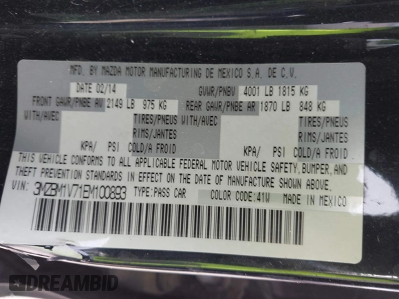 2014 Mazda 3 i Touring with VIN 3MZBM1V71EM100893, listed as a IAAI auction lot 41730726 with 59,596 mi miles and . Bid and sale history available at DreamBid. Image 9.