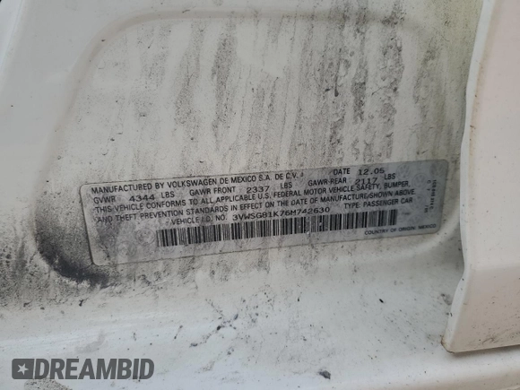 2006 Volkswagen Jetta z VIN 3VWSG81K76M742630, wystawiony jako Copart lot #54420955 z przebiegiem Nie podano mil oraz Szkoda całkowita • Salvage title. Historia ofert i sprzedaży dostępna na DreamBid. Obrazek 12.
