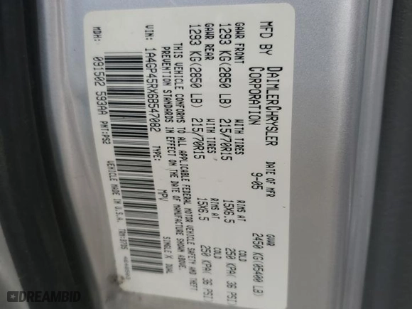 2006 Chrysler Town & Country SWB with VIN 1A4GP45RX6B547082, listed as a Copart auction lot 47553285 with 310,268 mi miles and Salvage Title. Bid and sale history available at carsss.com. Image 13.