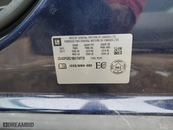 2011 Buick Regal CXL RL2 with VIN 2G4GP5EC1B9174738, listed as a Copart auction lot 45486125 with 51,169 mi miles and Salvage Title. Bid and sale history available at carsss.com. Image 12.