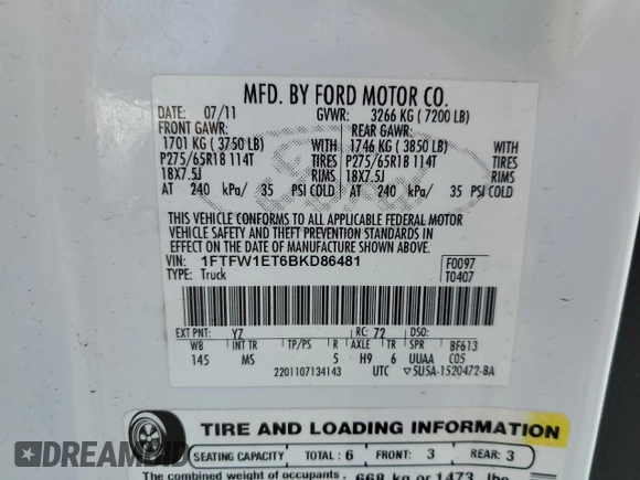 2011 Ford F-150 XLT with VIN 1FTFW1ET6BKD86481, listed as a Copart auction lot 60336875 with 84,648 mi miles and Salvage title. Bid and sale history available at DreamBid. Image 12.