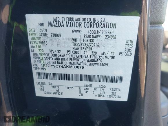 2010 Mazda Tribute Sport with VIN 4F2CY9C74AKM03679, listed as a IAAI auction lot 41740156 with 142,208 mi miles and . Bid and sale history available at DreamBid. Image 9.