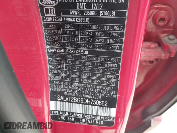 2013 Land Rover Range Rover Evoque Dynamic Premium с VIN SALVT2BG9DH750662, выставлен на аукционе IAAI как лот 41772509 с пробегом 134 120 миль миль и . История ставок и продаж доступна на DreamBid. Изображение 9.