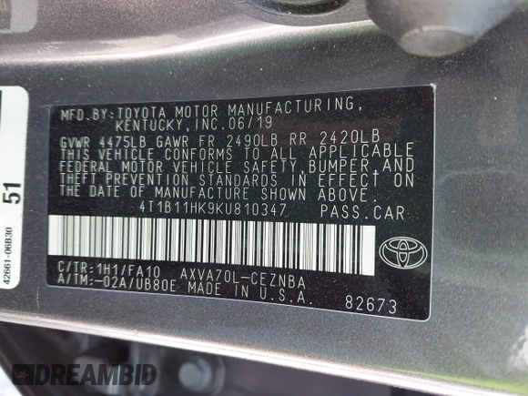 2019 Toyota Camry LE with VIN 4T1B11HK9KU810347, listed as a IAAI auction lot 41804007 with 75,063 mi miles and . Bid and sale history available at DreamBid. Image 9.