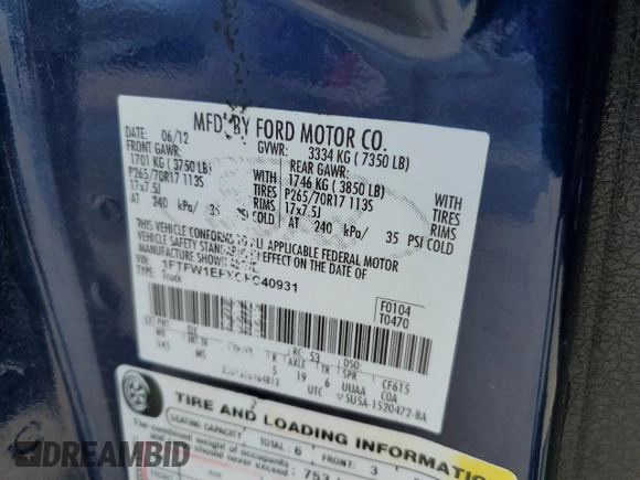 2012 Ford F-150 XL z VIN 1FTFW1EFXCFC40931, wystawiony jako Copart lot #53395115 z przebiegiem 197 696 mil mil oraz Szkoda całkowita • Salvage title. Historia ofert i sprzedaży dostępna na DreamBid. Obrazek 12.