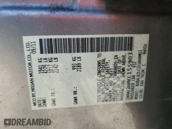 2012 Nissan Altima 2.5 with VIN 1N4AL2AP9CC155903, listed as a Copart auction lot 49828635 with 143,203 mi miles and Salvage Title. Bid and sale history available at DreamBid. Image 12.