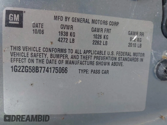 2007 Pontiac G6 G6 with VIN 1G2ZG58B774175066, listed as a IAAI auction lot 42352244 with 157,550 mi miles and . Bid and sale history available at DreamBid. Image 9.