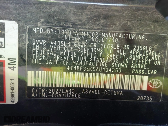 2010 Toyota Camry with VIN 4T1BF3EK5AU104363, listed as a IAAI auction lot 42075449 with 231,571 mi miles and . Bid and sale history available at DreamBid. Image 9.
