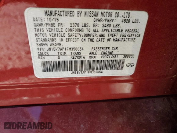2015 Infiniti Q50 Premium with VIN JN1BV7AP1FM356654, listed as a Copart auction lot 51556495 with 136,867 mi miles and Salvage Title. Bid and sale history available at carsss.com. Image 15.