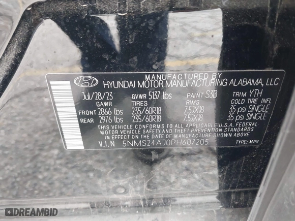 2023 Hyundai Santa Fe SEL with VIN 5NMS24AJ0PH607205, listed as a IAAI auction lot 41731396 with 15,598 mi miles. Bid and sale history available at carsss.com. Image 9.
